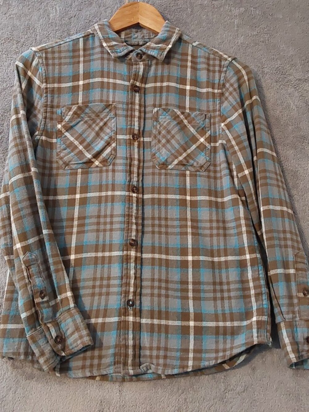 Sonoma Boys Plaid Flannel Shirt Medium Green Button Front Long Sleeve Cotton